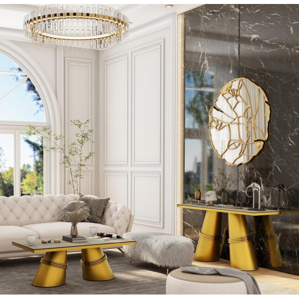 Everly Quinn 2 Piece White Glass And Gold Living Room Table Set Wayfair